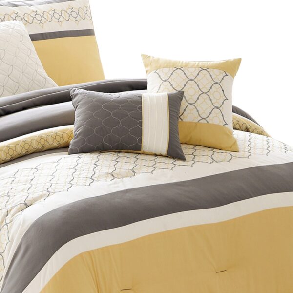Quatrefoil Print King Size 7 Piece Fabric Comforter Set, Yellow and Gray