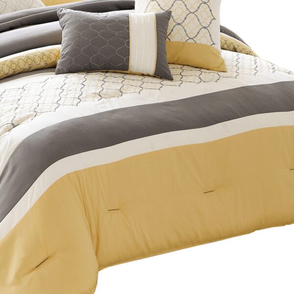 Quatrefoil Print King Size 7 Piece Fabric Comforter Set, Yellow and Gray