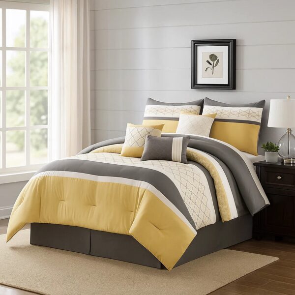 Quatrefoil Print King Size 7 Piece Fabric Comforter Set, Yellow and Gray