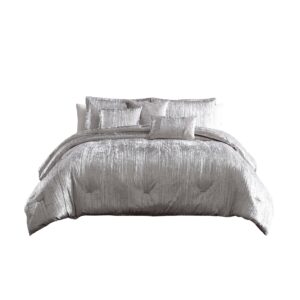 King Size 7 Piece Fabric Comforter Set with Crinkle Texture, Silver