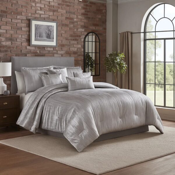 King Size 7 Piece Fabric Comforter Set with Crinkle Texture, Silver