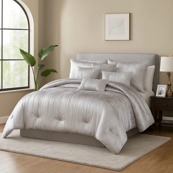 King Size 7 Piece Fabric Comforter Set with Crinkle Texture, Silver
