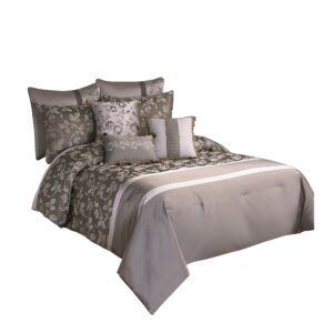 10 Piece King Polyester Comforter Set with Leaf Print, Platinum Gray