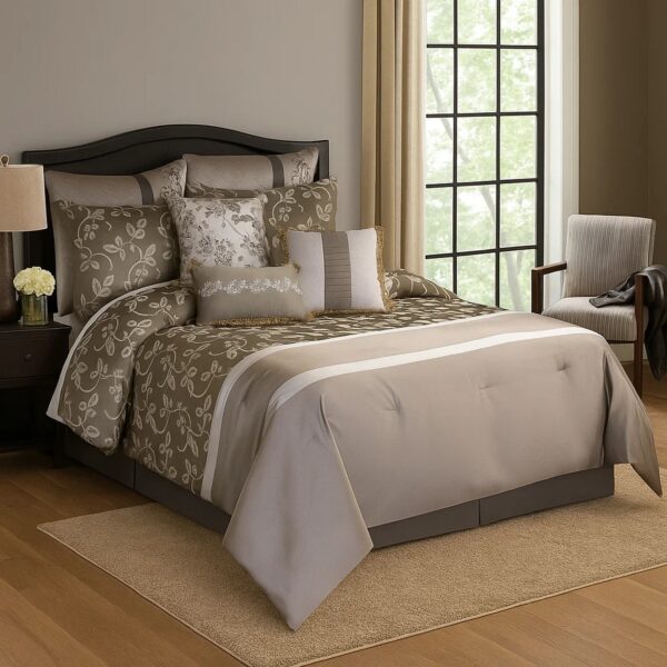 10 Piece King Polyester Comforter Set with Leaf Print, Platinum Gray