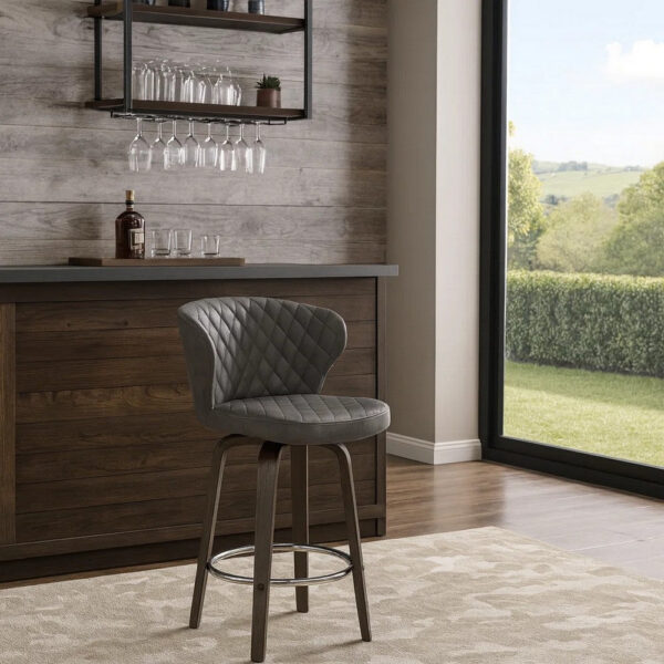 Curved Back Leatherette Barstool with Swivel Mechanism, Brown