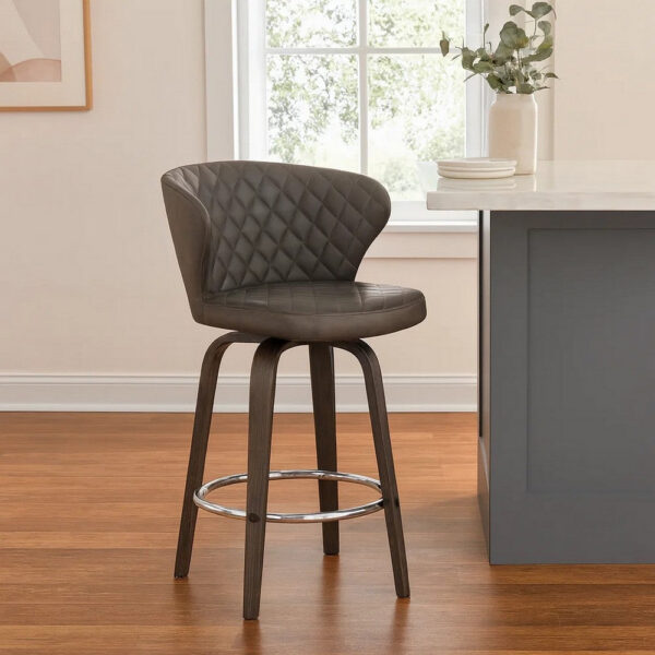 Curved Back Leatherette Barstool with Swivel Mechanism, Brown
