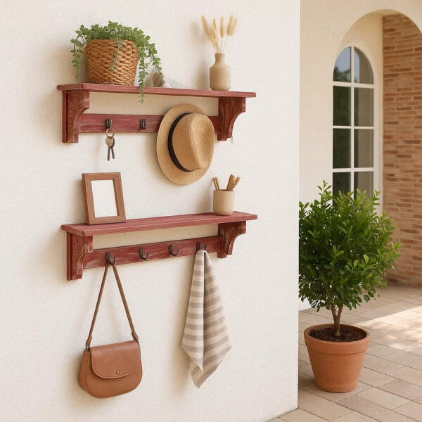 Wooden Wall Shelf Set of 2 with 4 Hooks and Carved Side Frames, Distressed Red