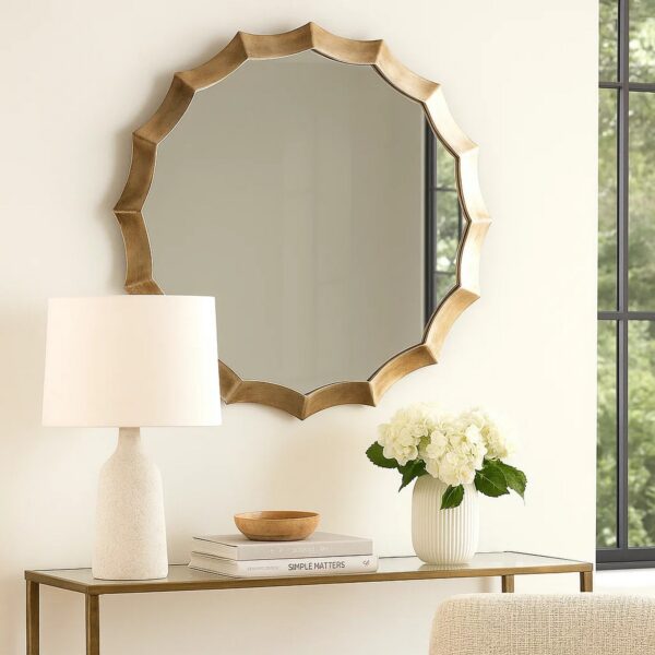 Round Mirror with Scalloped Metal Frame, Gold