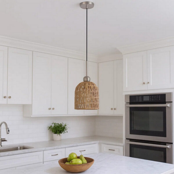 8 Inch Dia. Pendant Ceiling Light Fixture, Rope Woven Shade, Brown, Chrome