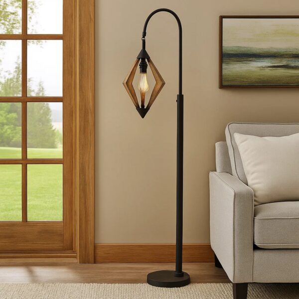 Tubular Metal Downbridge Floor Lamp with Wooden Accents, Black