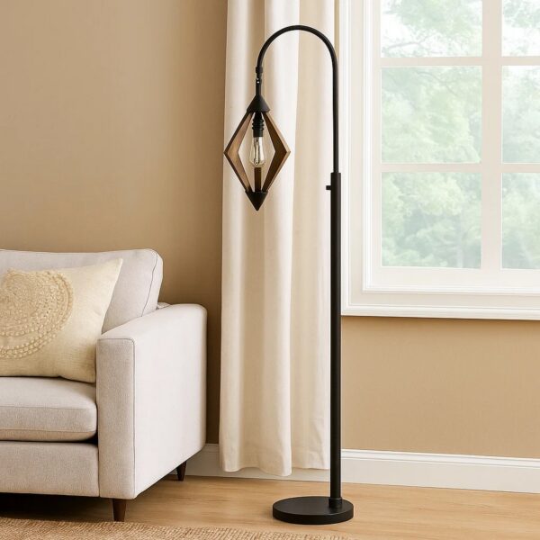 Tubular Metal Downbridge Floor Lamp with Wooden Accents, Black