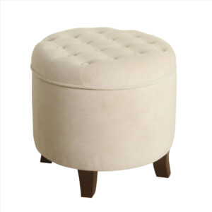 Button Tufted Velvet Upholstered Wooden Ottoman with Hidden Storage, Cream and Brown