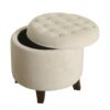 Button Tufted Velvet Upholstered Wooden Ottoman with Hidden Storage, Cream and Brown