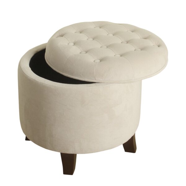 Button Tufted Velvet Upholstered Wooden Ottoman with Hidden Storage, Cream and Brown