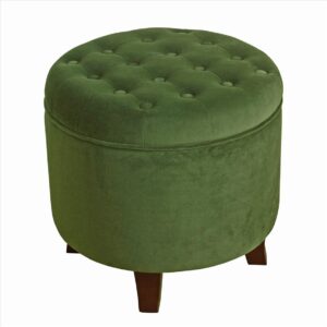 Button Tufted Velvet Upholstered Wooden Ottoman with Hidden Storage, Green and Brown