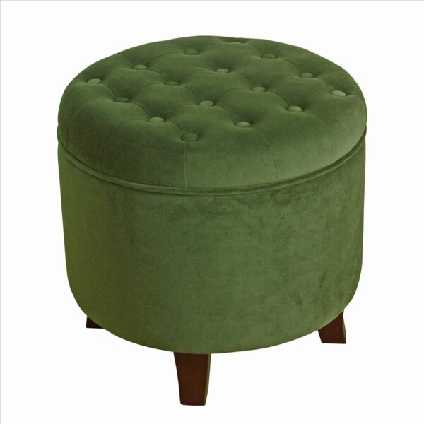 Button Tufted Velvet Upholstered Wooden Ottoman with Hidden Storage, Green and Brown