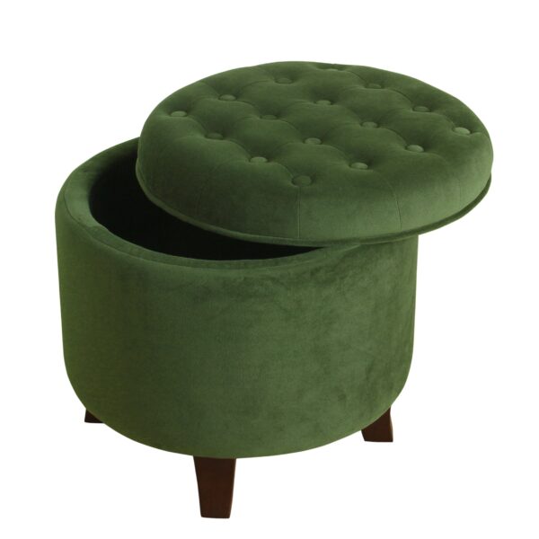 Button Tufted Velvet Upholstered Wooden Ottoman with Hidden Storage, Green and Brown