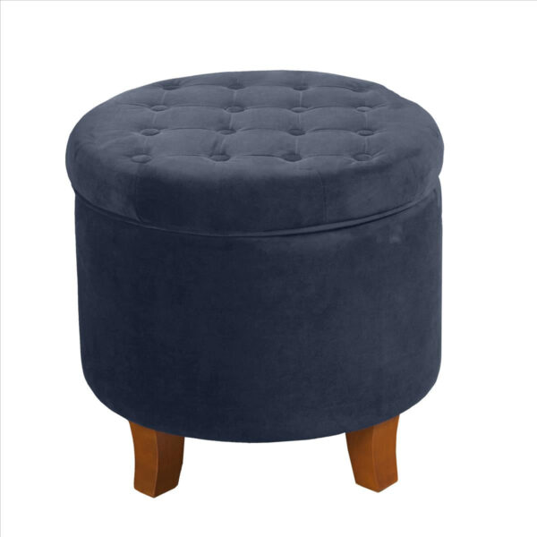 Button Tufted Velvet Upholstered Wooden Ottoman with Hidden Storage, Dark Blue and Brown