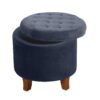 Button Tufted Velvet Upholstered Wooden Ottoman with Hidden Storage, Dark Blue and Brown