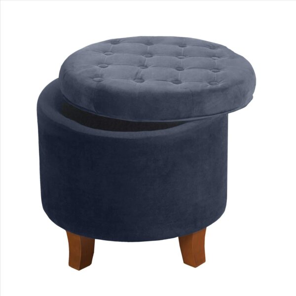 Button Tufted Velvet Upholstered Wooden Ottoman with Hidden Storage, Dark Blue and Brown