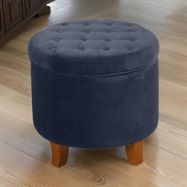 Button Tufted Velvet Upholstered Wooden Ottoman with Hidden Storage, Dark Blue and Brown