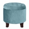 Button Tufted Velvet Upholstered Wooden Ottoman with Hidden Storage, Blue and Brown