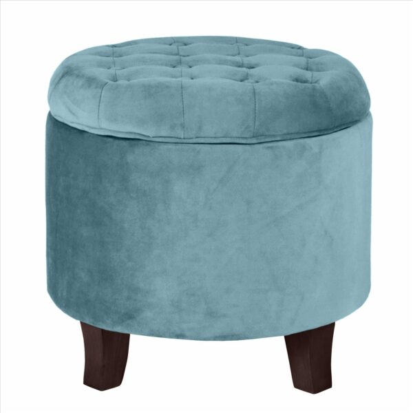 Button Tufted Velvet Upholstered Wooden Ottoman with Hidden Storage, Blue and Brown