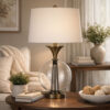46 Inch Metal And Glass Globe Table Lamp, Dimmer, Brass Finish
