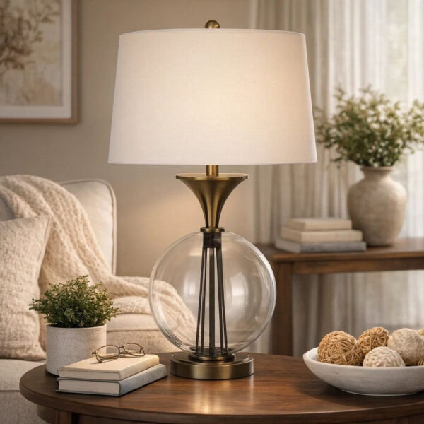 46 Inch Metal And Glass Globe Table Lamp, Dimmer, Brass Finish