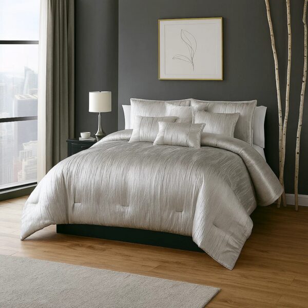 Queen Size 7 Piece Fabric Comforter Set with Crinkle Texture, Silver