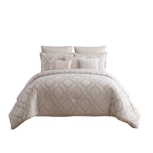 9pc Queen Size Comforter Set with Quatrefoil Prints, White Polyester