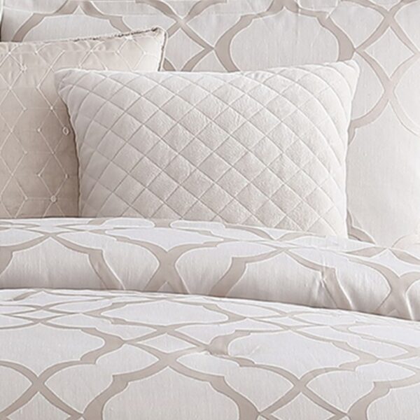 9pc Queen Size Comforter Set with Quatrefoil Prints, White Polyester