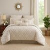 9pc Queen Size Comforter Set with Quatrefoil Prints, White Polyester