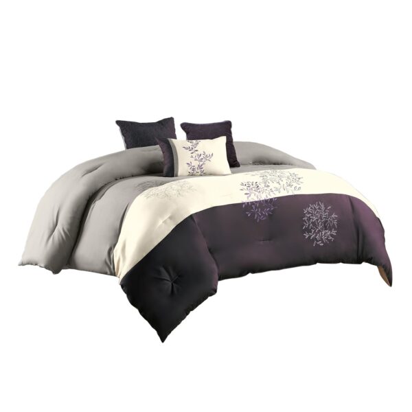 7 Piece Queen Polyester Comforter Set with Leaf Embroidery, Gray and Purple