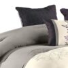 7 Piece Queen Polyester Comforter Set with Leaf Embroidery, Gray and Purple