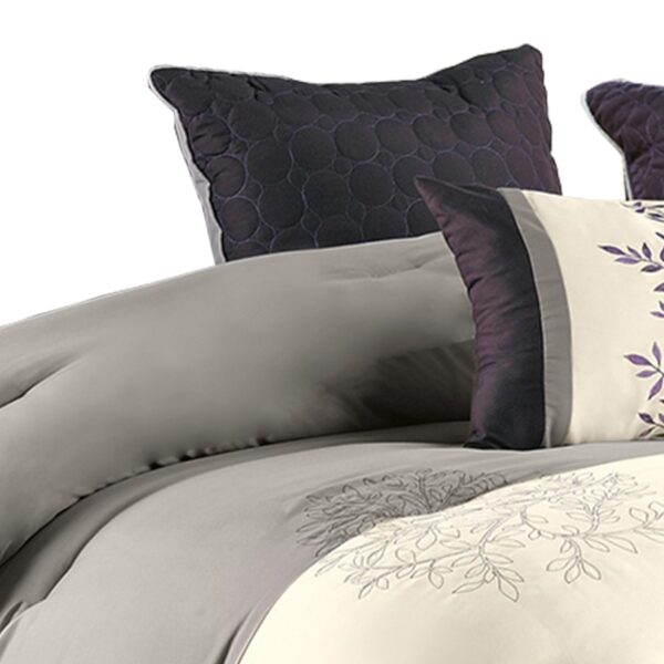 7 Piece Queen Polyester Comforter Set with Leaf Embroidery, Gray and Purple