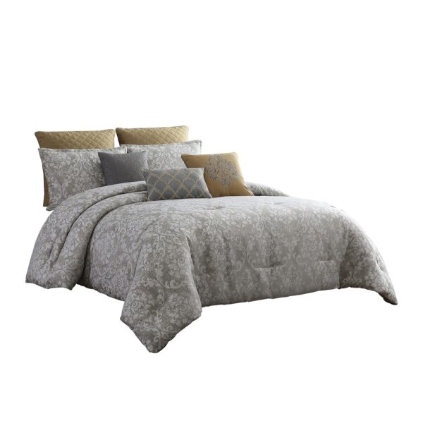 8 Piece Queen Polyester Comforter Set with Medallion Print, Gray and Gold