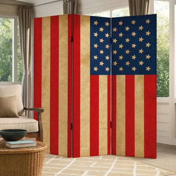 Alfie 71 Inch Folding Screen Room Divider, USA Stars and Stripes Design