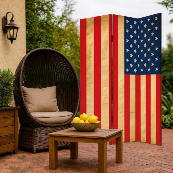 Alfie 71 Inch Folding Screen Room Divider, USA Stars and Stripes Design