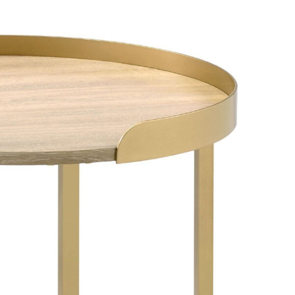 Kai 22 Inch Wood End Table, Round Tray Top, Metal Accent, Brown, Brass