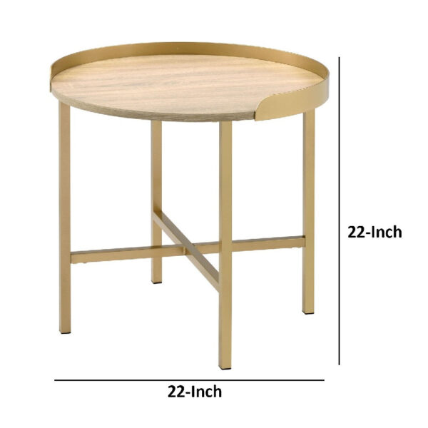 Kai 22 Inch Wood End Table, Round Tray Top, Metal Accent, Brown, Brass
