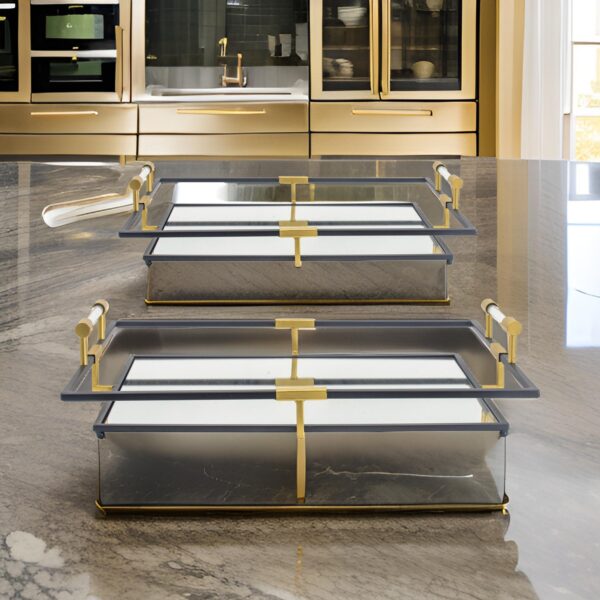21, 27 Inch Set of 2 Decorative Trays with Mirror, Modern Frame, Gold, Black