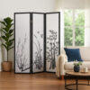 Naturistic Print Wood and Paper 3 Panel Room Divider, White and Black