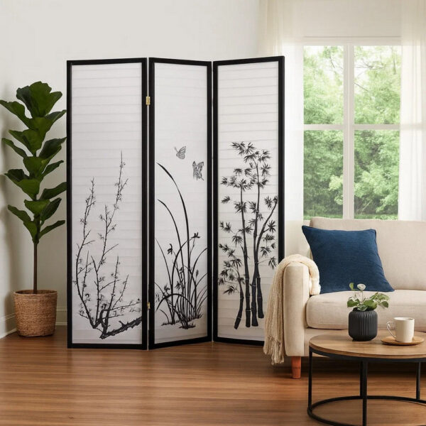 Naturistic Print Wood and Paper 3 Panel Room Divider, White and Black