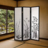 Naturistic Print Wood and Paper 3 Panel Room Divider, White and Black