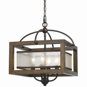 4 Bulb Semi Flush Pendant with Wooden Frame and Organza Striped Shade,Brown