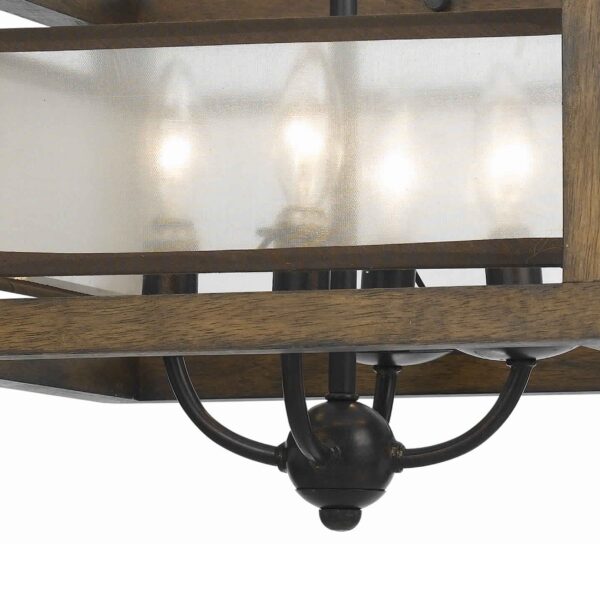 4 Bulb Semi Flush Pendant with Wooden Frame and Organza Striped Shade,Brown