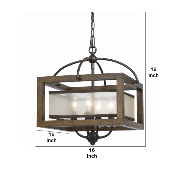 4 Bulb Semi Flush Pendant with Wooden Frame and Organza Striped Shade,Brown
