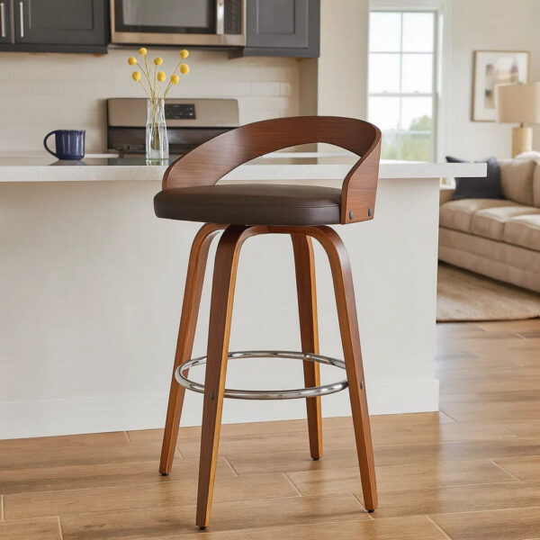 26 Inch Faux Leather Swivel Counter Height Barstool with Open Back, Brown