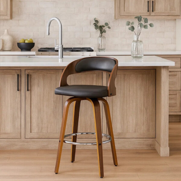 26 Inch Faux Leather Swivel Counter Height Barstool with Open Back, Brown